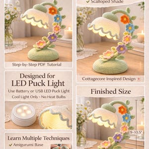 May include: A crochet floral lamp pattern with a whimsical vine table light design. The lamp features a curved vine stem, five colorful flowers, and a scalloped shade. The finished size is 9-10.5 inches in height and 5-6 inches wide at the base.