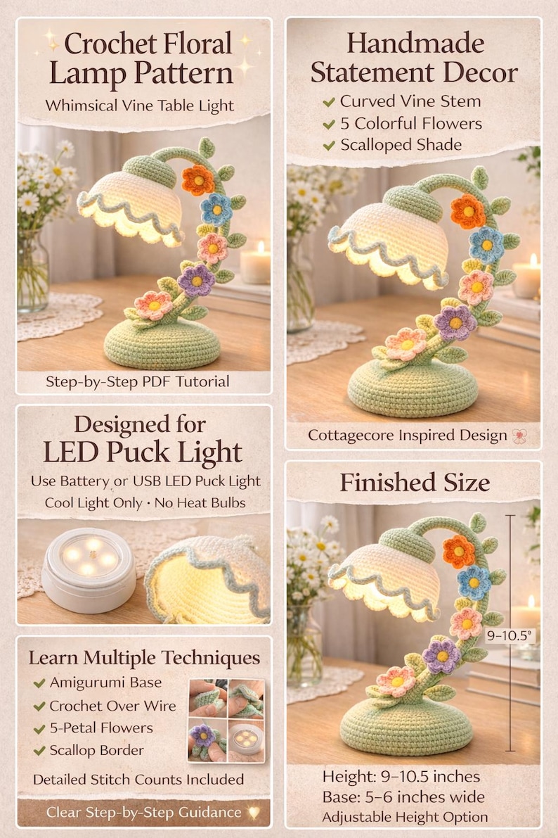 May include: A crochet floral lamp pattern with a whimsical vine table light design. The lamp features a curved vine stem, five colorful flowers, and a scalloped shade. The finished size is 9-10.5 inches in height and 5-6 inches wide at the base.