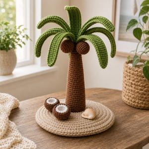 Può includere: Una scultura di palma all'uncinetto con tronco marrone, fronde verdi e due noci di cocco marroni attaccate alla cima. L'albero poggia su una base circolare beige con due metà di noce di cocco all'uncinetto e una singola conchiglia bianca.