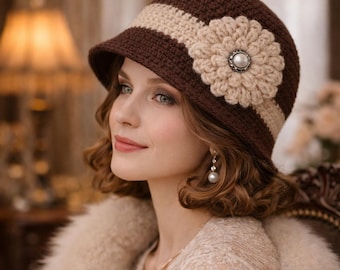 Gehäkelte Cloche Hut mit Blume vintage inspirierte handgemachte Hut für Frauen