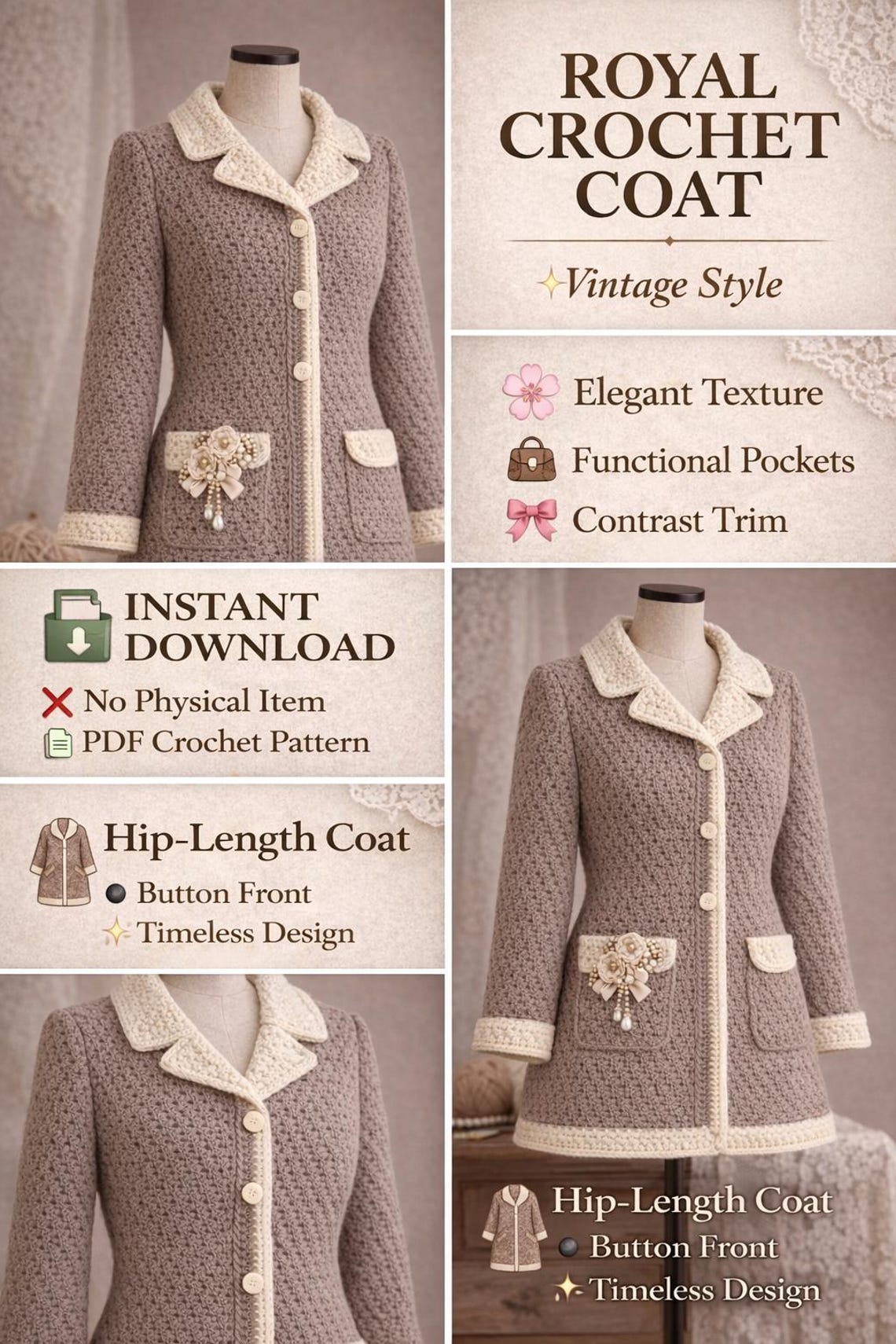 Royal Vintage Crochet Coat Pattern Women Hip Length Coat Inspired 1920s ...