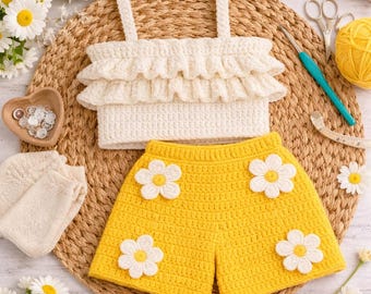 Häkelmuster, Rüschen Sommer Set Muster, Margeriten Top und Shorts, Anfänger freundlich (PDF Download)