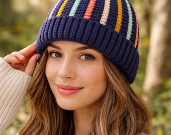 Vertical Stripe Crochet Beanie Pattern, Ribbed Brim (PDF Digital Download)