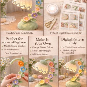 May include: A crocheted floral lamp with a wire-supported curved stem and weighted base. The lamp features a light-colored shade and is adorned with colorful crocheted flowers. The digital pattern includes assembly instructions.