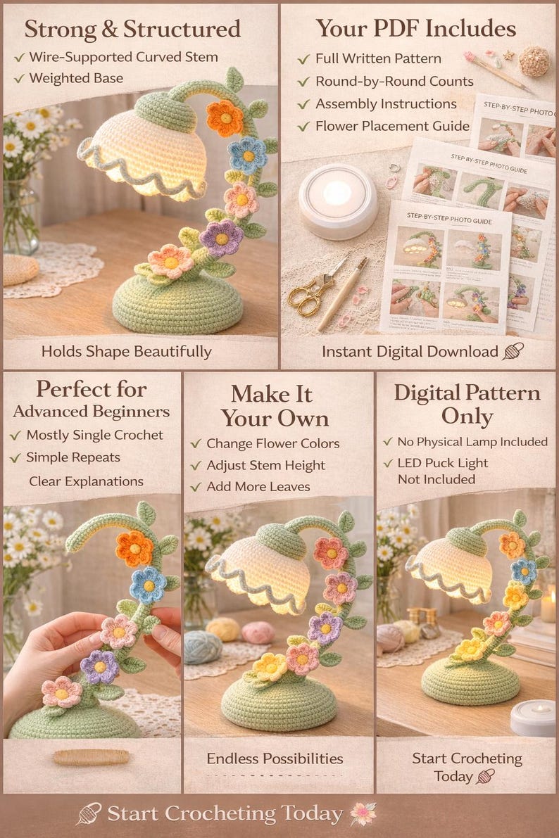 May include: A crocheted floral lamp with a wire-supported curved stem and weighted base. The lamp features a light-colored shade and is adorned with colorful crocheted flowers. The digital pattern includes assembly instructions.