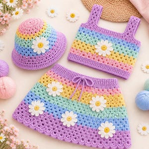 Könnte beinhalten: Gehäkeltes Regenbogen-Set mit Hut, Oberteil und Rock mit Gänseblümchen-Akzenten. Das Set beinhaltet einen Fischerhut, ein Oberteil mit quadratischem Ausschnitt und einen Rock mit Kordelzug. Das Set ist aus Garn in Lila, Blau, Grün, Gelb und Rosa gefertigt.