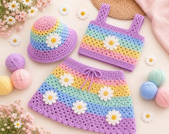 gehäkelte Margerite Set Muster Baby Rock Zylinder Grandma Stitch Outfit Größen inklusive Sommer Kinder Kleidung Set
