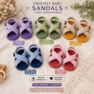 Könnte beinhalten: Handgefertigte Häkel-Babysandalen in verschiedenen Farben, darunter Lavendel, Grün, Beige, Marineblau und Softrot. Jedes Paar hat ein 3-Riemen-Crossover-Design und einen Knopf. Der Text "CROCHET BABY SANDALS" ist im Bild enthalten.