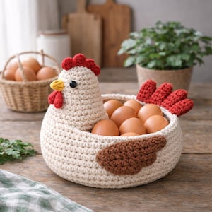 Może przedstawiać: Ręcznie robiony szydełkowy kosz na jajka w kształcie kurczaka w kolorze kremowym, czerwonym, brązowym i żółtym. Kosz jest wypełniony brązowymi jajkami i ma głowę, skrzydła i ogon kurczaka. W tle kosz wiklinowy z jajkami i roślina doniczkowa.