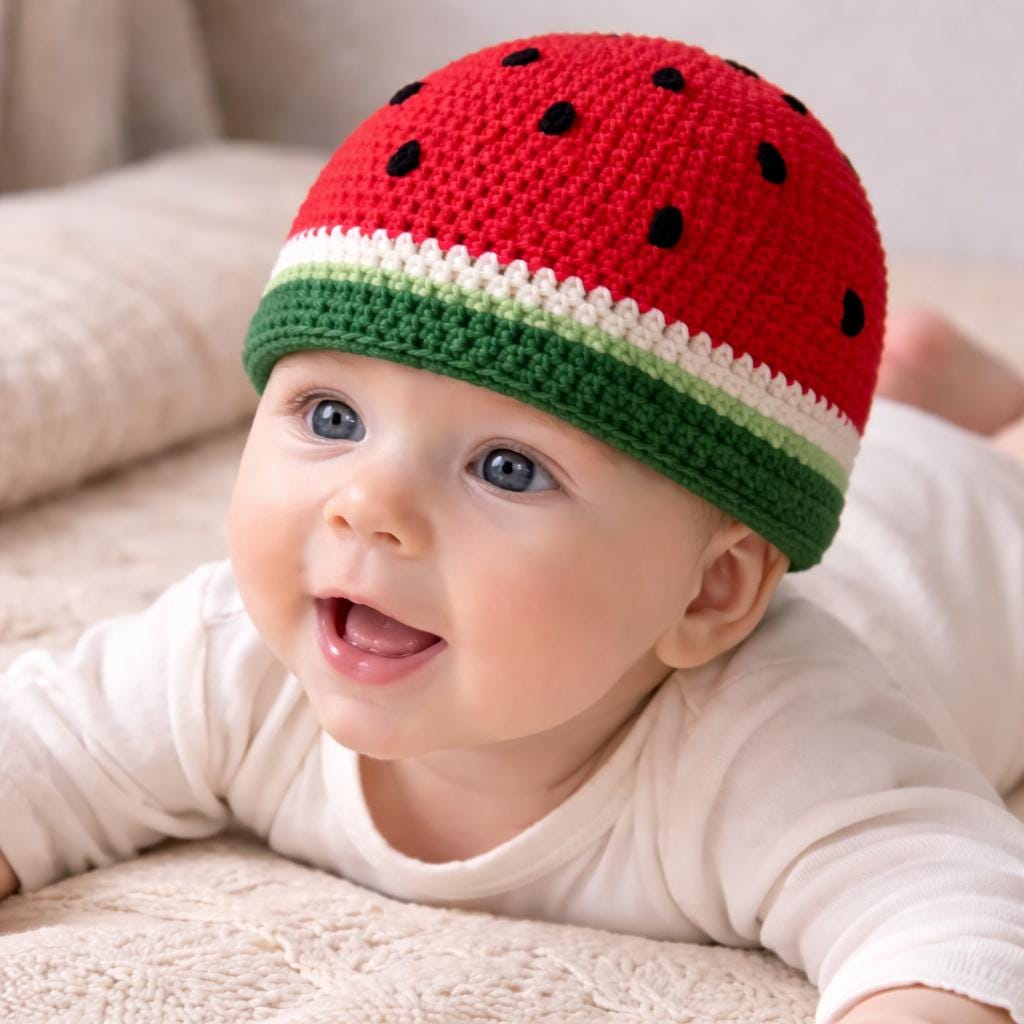 36 Crochet Baby Clothes Patterns with Bonnets, Booties, Rompers, and Dresses 27 watermelon crochet baby hat begginer friendly baby beanie
