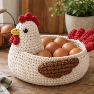 May include: A handmade crochet egg basket shaped like a hen, holding several brown eggs. The hen is cream-colored with red comb and wattle, a yellow beak, and a brown wing. A wire basket with eggs is in the background.