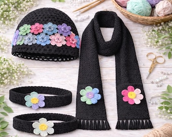 Gehäkelte Mütze Schal Stirnband Muster florales Häkelzubehör Set anfängerfreundlich PDF Winter Geschenk Häkeln