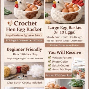 Puede incluir: Una cesta de huevos de gallina de ganchillo llena de huevos marrones. La cesta tiene forma de gallina con cresta y cola rojas, y alas marrones. El texto en la imagen dice "Crochet Hen Egg Basket" y "Large Egg Basket (8-10 Eggs)".