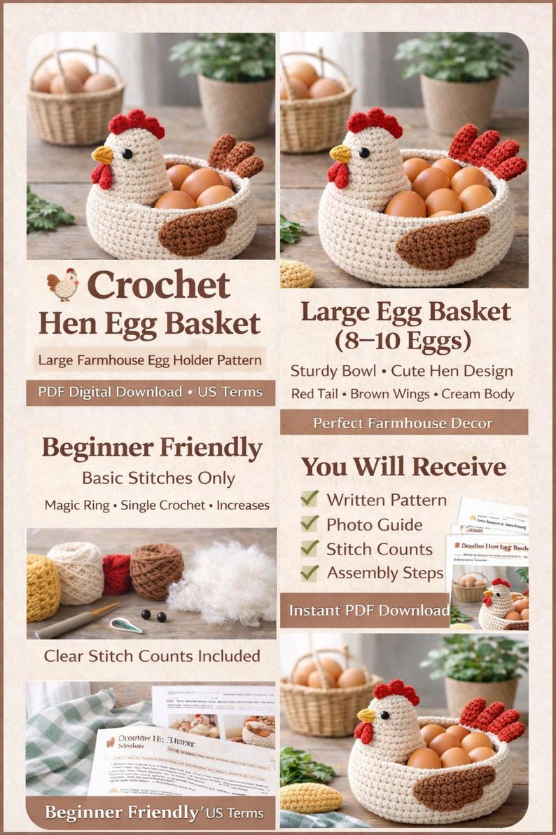 Puede incluir: Una cesta de huevos de gallina de ganchillo llena de huevos marrones. La cesta tiene forma de gallina con cresta y cola rojas, y alas marrones. El texto en la imagen dice "Crochet Hen Egg Basket" y "Large Egg Basket (8-10 Eggs)".