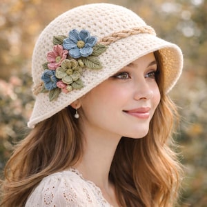 以下が含まれることがあります： クリーム色の小さなつば付きかぎ針編みハット。青、ピンク、緑のかぎ針編みの花のクラスターで飾られています。編み込みバンドが帽子を囲んでいます。ファッショナブルなアクセサリーです。