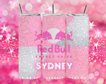Personalized Red Bull Glitter Cup – 20oz Custom Name Stainless Steel Travel Mug, Gifts