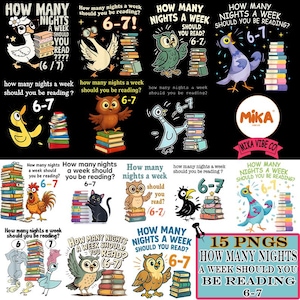May include: A collection of 15 PNG images with various cartoon animals, including an owl, duck, and pigeon, each posed with stacks of books. The text reads "How many nights a week should you be reading? 6-7". The images are on a black background.