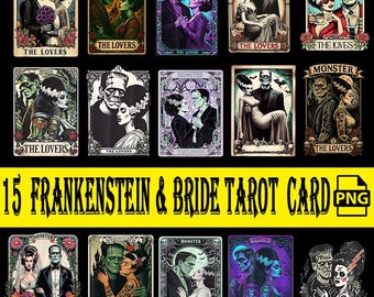 Frankenstein & Bride Tarot Card PNG: Gothic Horror Halloween (Digital Download)