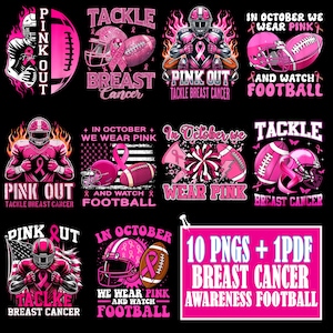 Pink Out Football 10 Design Bundle PNG, Breast Cancer Awareness October Shirt, Mug Clipart, We Wear Pink Ribbon Game Day Printable
