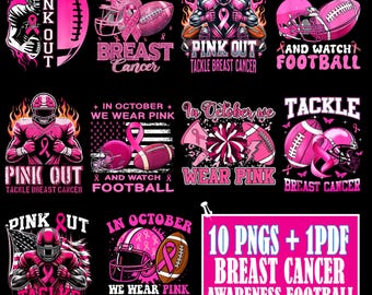 Pink Out Football 10 Design Bundle PNG, Breast Cancer Awareness October Shirt, Mug Clipart, We Wear Pink Ribbon Game Day Printable
