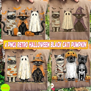 May include: A collection of four brown tote bags featuring retro Halloween designs. Each design showcases black cats dressed in mummy wraps, witch hats, ghost costumes, and pumpkin heads. The text "4 PNGs Retro Halloween Black Cats Pumpkin" is displayed.
