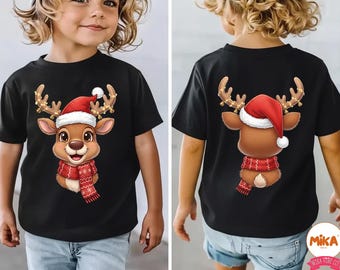 Cute Christmas Reindeer PNG Front and Back, Kids Christmas Shirt Design, Santa Hat Reindeer Clipart, Sublimation PNG, Christmas Lights Deer