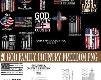 God Family Country Freedom 20 Design Bundle, Patriotic Christian PNG, Faith Family Flag, USA Cross American Values Clipart, American Flag