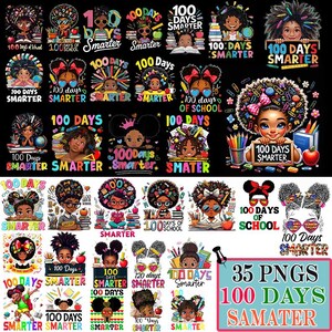 May include: A collection of 35 PNG graphics featuring illustrations of Black girls with the text "100 Days Smarter" and "100 Days of School." The designs include various hairstyles, books, and apples, perfect for educational projects.