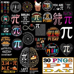 Może przedstawiać: Zbiór 30 grafik PNG z symbolem matematycznym pi, z różnymi wzorami i tekstem. Projekty obejmują symbol pi w różnych kolorach, kawałki ciasta i frazy takie jak "Happy Pi Day" i "Mathletic".