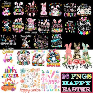 Puede incluir: Una colección de 26 imágenes PNG con varios diseños de "Felices Pascuas". Las imágenes presentan conejitos de Pascua, huevos y elementos florales en colores vibrantes. El texto incluye "Felices Pascuas" en diferentes fuentes y estilos.