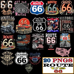 May include: A collection of Route 66 themed graphics, including signs, vintage cars, motorcycles, and the number 66. The designs feature various colors and styles, with text such as "Vintage Road Trip" and "California US 66".