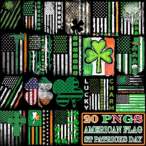 Puede incluir: Una colección de 20 imágenes PNG que combinan banderas americanas y motivos del Día de San Patricio. Los diseños incluyen tréboles, banderas con acentos verdes y texto que dice "Lucky Charm" y "Let the Shenanigans Begin". La paleta de colores es principalmente verde, blanco y rojo.