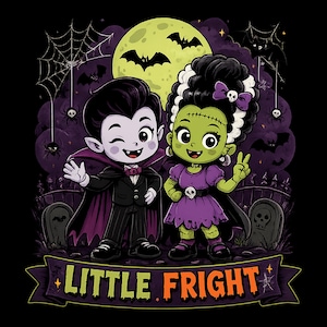 Puede incluir: Una ilustración gráfica que muestra un vampiro de dibujos animados y un monstruo de piel verde con un peinado de colmena en blanco y negro, frente a una luna amarilla y un cielo púrpura. Un cartel muestra el texto LITTLE FRIGHT.