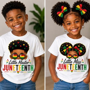 May include: A white t-shirt featuring a graphic of a child with an afro, heart-shaped sunglasses with red, yellow, and green lenses, and the text Little Master JUNETEENTH or Little Miss JUNETEENTH in red, yellow, and green lettering.