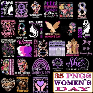 以下が含まれることがあります： 国際女性デーを祝う、さまざまなデザインの35個のPNGグラフィックのコレクション。画像には、テキスト、シルエット、花の要素、インスピレーションを与えるメッセージが、黒い背景に紫、ピンク、白の色合いで表示されています。