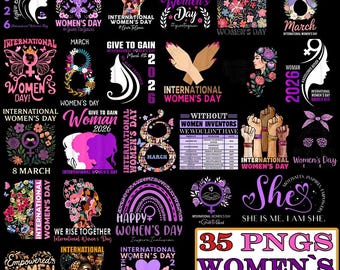 May include: A collection of 35 PNG graphics with various designs celebrating International Women's Day. The images feature text, silhouettes, floral elements, and empowering messages in shades of purple, pink, and white on a black background.