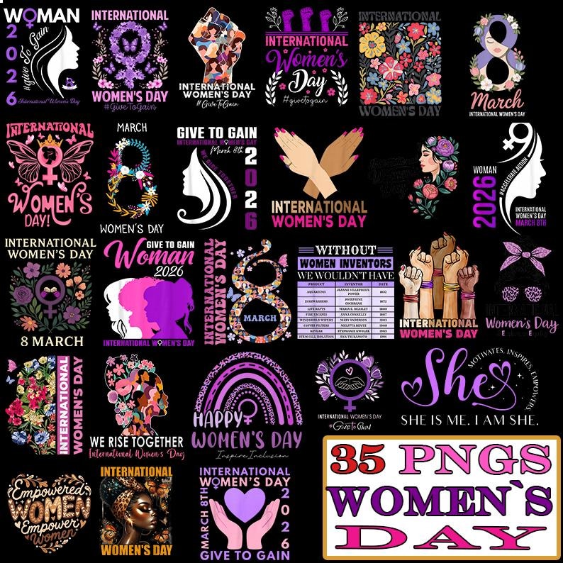 May include: A collection of 35 PNG graphics with various designs celebrating International Women's Day. The images feature text, silhouettes, floral elements, and empowering messages in shades of purple, pink, and white on a black background.
