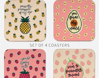 My Punny Valentines Day Gift Funny Home Decor Gifts for Her Fruit Edition Set of 4 Coasters You Guac My World Flirty  Gift for Any Occassion