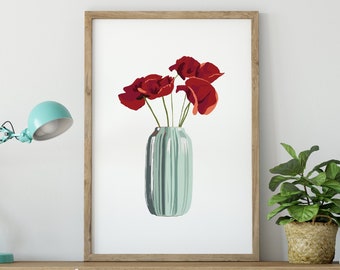 Red Poppies Botanical Print Home Decore Gift DIY Modern Downloadable Printable Floral Oversized Wall Art Print Christmas Gift