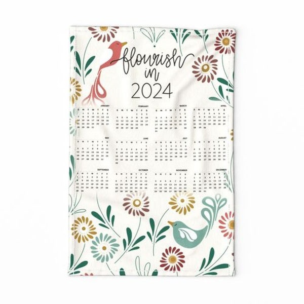Flourish 2024 Calendar Tea Towel Finches Flourish in Flowers Wall Calendar Birds and Botanicals Tea Towel