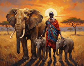 May include: An oil painting depicts a Maasai person with two baby elephants and a large elephant in a savanna landscape. The person wears traditional red and blue clothing and jewelry. The background features a sunset with a large sun and trees.