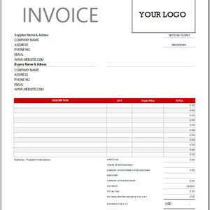 May include: A blank invoice template with a red header and footer. The word "INVOICE" is at the top, with fields for supplier and buyer information. A space for a logo is in the upper right corner. The invoice includes sections for description, quantity, trade price, and total.