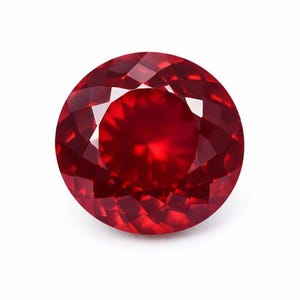 May include: A round, faceted gemstone with a deep, vibrant red colour. The stone features a brilliant cut with numerous triangular and kite-shaped facets that reflect light, creating a complex pattern of light and dark red tones across the surface.