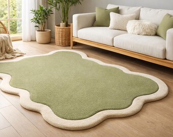 Hand-Tufted Wool Rug, Sage Green Organic Shape, Modern Decor