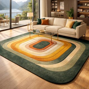 May include: A modern living room featuring a beige sofa with colorful throw pillows, a glass coffee table, and a large, multi-colored rug. The rug has a concentric, rectangular design with shades of green, yellow, orange, and cream. Large windows offer a scenic view.
