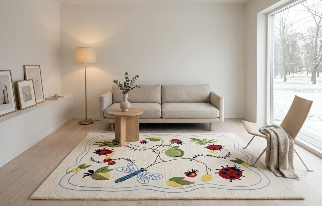 Insect Rug Children Handmade 8x10 Kids Bug Rug, Beige Colorful Insect Pattern Wool Hand ...