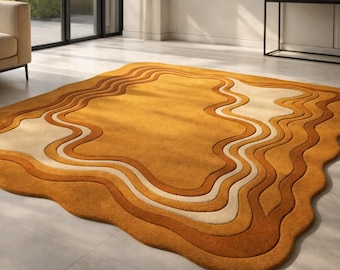 Hand Tufted Wool Rug 5x8 Abstract Organic Shape Brown Beige Modern Area Rug