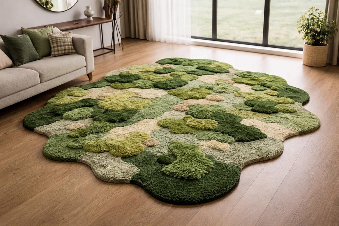 Hand-tufted Wool Area Rug 6x9 | Green Abstract Organic Shape Carpet for ...
