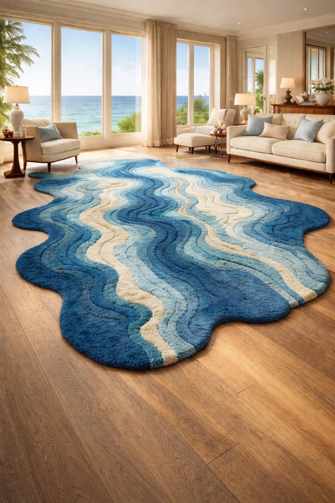 Handmade Hand-tufted Wool Rug 5x8 Abstract Wave Blue White Irregular ...