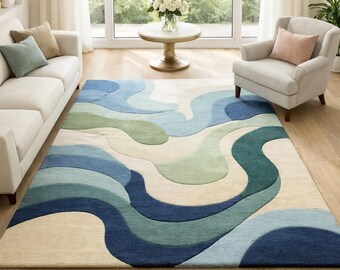 Hand-Tufted Abstract Wool Rug 6x10, Blue Green Wavy Scandinavian Style